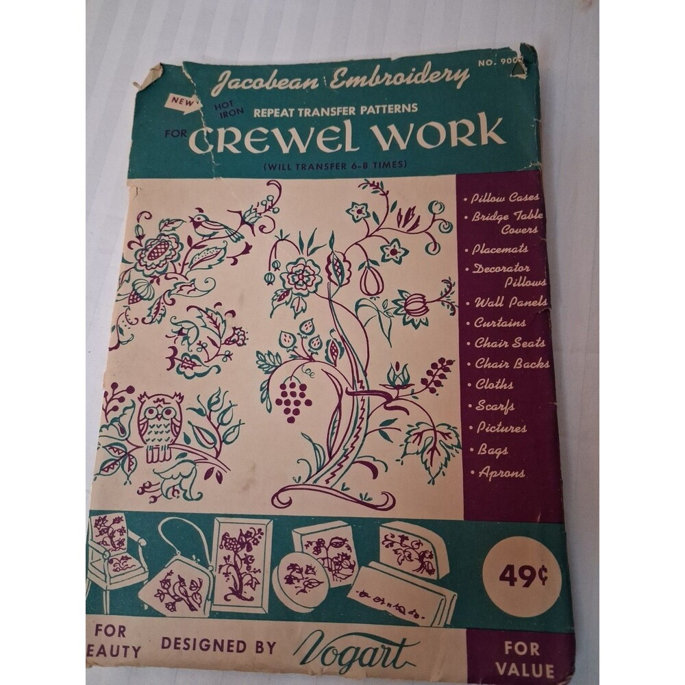Vintage Vogart Jacobean Embroidery Crewel Hot Iron Repeat Transfer Patterns